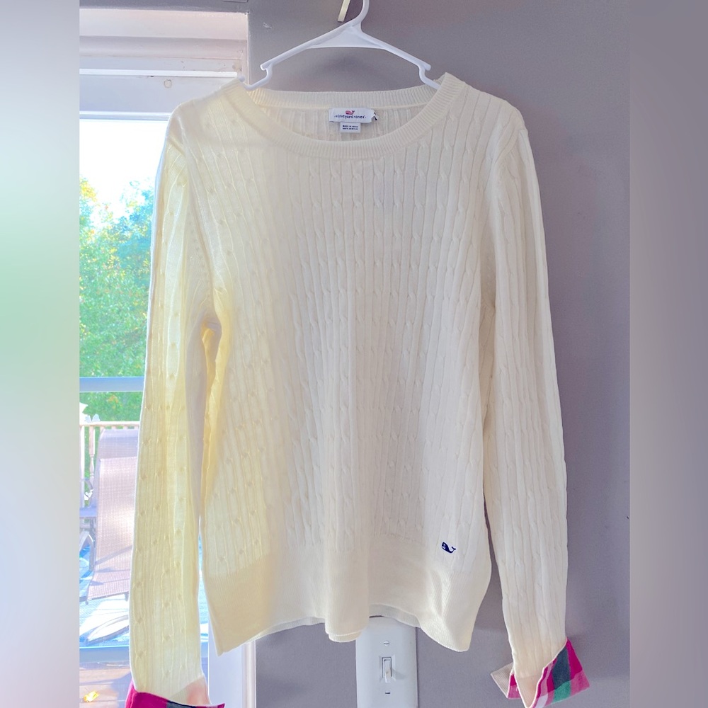 Vineyard Vines cableknit sweater with optional plaid cuffs